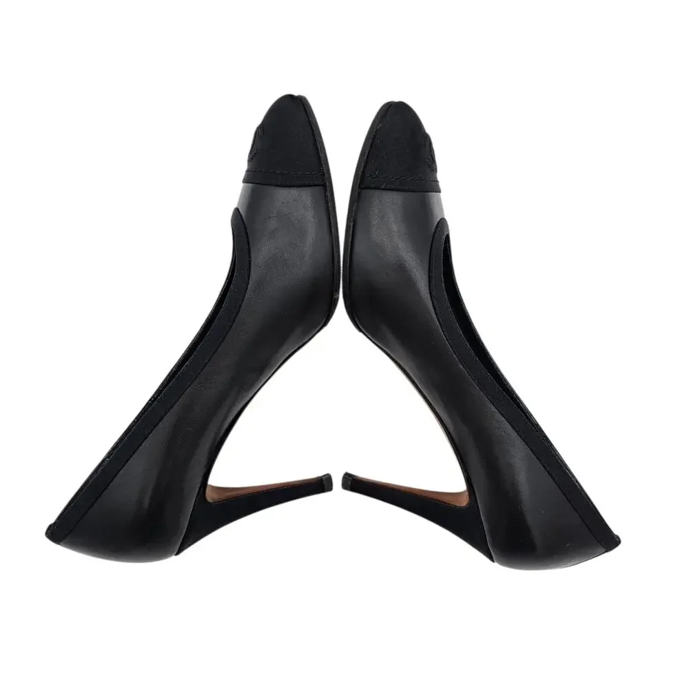 Chanel CC Cap Toe Black Leather Heel Pump Classic Grosgrain Size 38.5 7.5 8